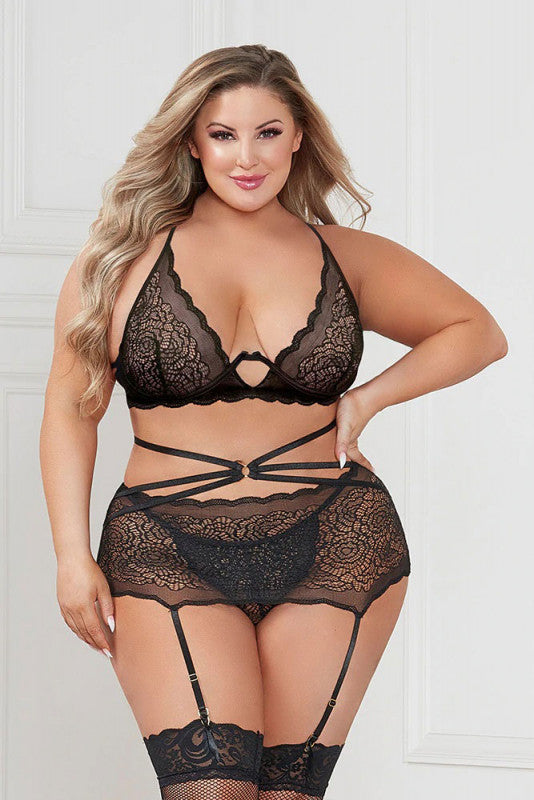 Three Piece Floral Lace Bra, Skirt, and G-String  Set - Queen - Black