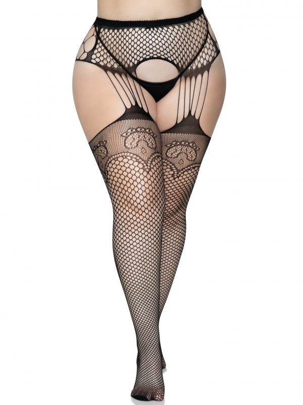 Industrial Net Stockings With Duchess Lace Top and Duchess Lace Top and Attached Multi Strand Garter Belt - 1x/2x - Black