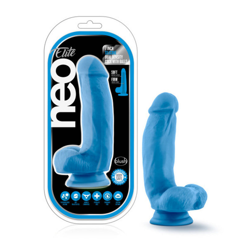 Neo Elite - 7 Inch Silicone Dual Density   With Balls - Neon Blue