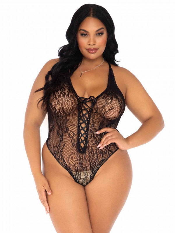 Floral Lace Thong Teddy - 1x/2x - Black