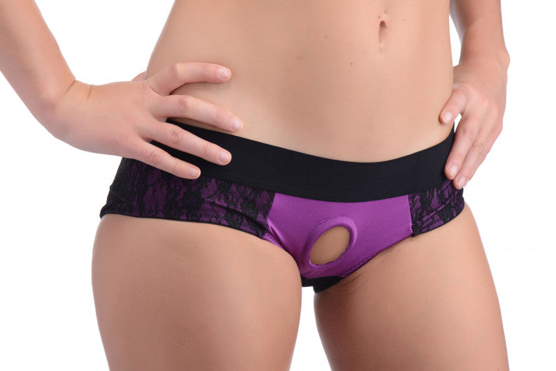 Lace Envy Crotchless Panty Harness - L/ XL Purple and Black