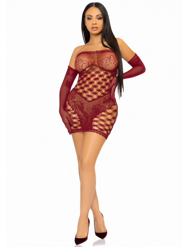 2 Pc core Net Tube Dress With Gloves - One Size - Burgundy