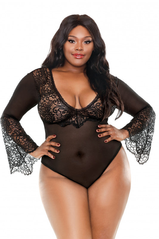 Aurora Bell Sleeved Bodysuit - Black - 3x/4x