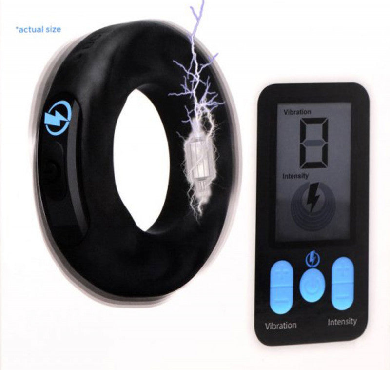 E-Stim and Vibrating Silicone  Ring 45mm With  Remote Control - Black