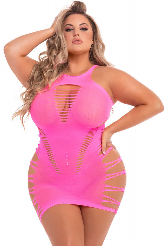 Pink Lipstick - Back 2 Basixxx Hi-Neck Dress -  1x-3x - Pink