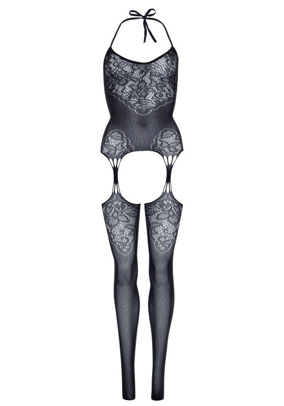 Seamless Lace Jacquard Net Suspender Bodystocking  - 1x/2x - Black