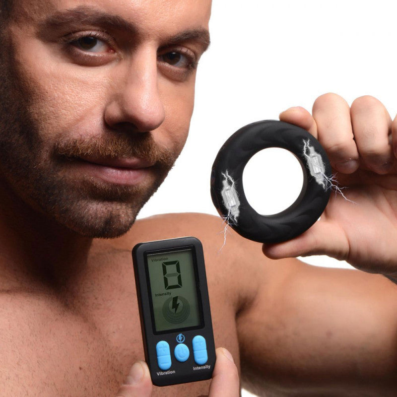 E-Stim and Vibrating Silicone  Ring 45mm With  Remote Control - Black